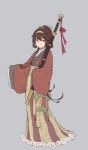  brown_hair chinese_clothes fangdan_runiu full_body girls_frontline grey_background hairband hanfu highres holding holding_sword holding_weapon jitome long_hair long_sleeves looking_at_viewer orange_eyes red_ribbon ribbon scabbard sheath simple_background sleeves_past_fingers sleeves_past_wrists solo standing sword type_79_(girls_frontline) very_long_hair weapon wide_sleeves 