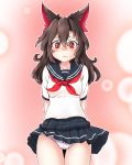  animal_ears bad_id bad_pixiv_id blue_skirt blush breasts brown_hair collarbone eyebrows_visible_through_hair hair_between_eyes haruirokomici imaizumi_kagerou long_hair looking_at_viewer medium_breasts neckerchief panties pantyshot pleated_skirt red_eyes sailor_collar school_uniform serafuku short_sleeves skirt solo touhou underwear white_panties wolf_ears 