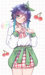  1boy absurdres aqua_eyes aqua_hair artist_name blue_hair bow bowtie braid checkered_bow checkered_bowtie checkered_clothes checkered_skirt cherry clothes_around_waist collar crossdressing crossdressing_(mtf) dot_nose finger_heart fingernails food fruit genshin_impact gradient_eyes gradient_hair green_eyes green_ribbon grid_background hair_ornament hair_ribbon heart heart_hair_ornament highres jacket jacket_around_waist long_fingernails long_sleeves male_focus medium_hair miniskirt momochiwood multicolored_eyes multicolored_hair nail_polish one_eye_closed red_nails ribbon signature skirt solo streaked_hair trap tress_ribbon twin_braids venti_(genshin_impact) watermark white_collar 