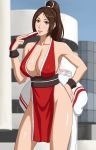  1girl armpits bare_legs bare_shoulders blush breasts brown_eyes brown_hair building city cleavage closed_fan closed_mouth cowboy_shot erect_nipples fan fatal_fury folding_fan hand_on_hip high_ponytail highres holding japanese_clothes large_breasts legs light_smile lips lipstick long_hair looking_at_viewer makeup matching_hair/eyes obi outdoors pelvic_curtain pink_lips ponytail revealing_clothes sash shiranui_mai sky sleeveless smile snk solo standing the_king_of_fighters thighs x_bokkis 