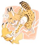 action animal_ear_fluff animal_ears bare_shoulders belt blonde_hair commentary_request elbow_gloves eyebrows_visible_through_hair fang gloves high-waist_skirt kemono_friends open_mouth pikachu pikachu_ears pikachu_tail pokemon pokemon_ears serval_(kemono_friends) serval_ears serval_print serval_tail seto_(harunadragon) short_hair skirt sleeveless tail thighhighs 