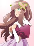  1girl bangs blunt_bangs blush brown_hair butterfly_hair_ornament capcom child dress gradient gradient_background green_eyes hair_ornament iris_(rockman_exe) kuroi_ohagi long_hair open_mouth puffy_sleeves rockman rockman_exe solo 