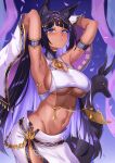  1girl ancient_egyptian ancient_egyptian_clothes animal_ear_fluff animal_ears armlet arms_up black_hair breasts colored_inner_hair gold_trim hair_intakes highres inue_ao jewelry large_breasts long_hair looking_at_viewer multicolored_hair navel original purple_hair scarab solo toned toned_female two-tone_hair very_long_hair 
