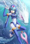  2578221183 android blue_eyes bodysuit boots breasts bubble chinese_commentary closed_mouth commentary_request day gloves gold_trim helmet high_heels highres holding holding_weapon ice ice_dragon leviathan_(rockman) looking_at_viewer medium_breasts polearm red_eyes rockman rockman_zero science_fiction smile solo spear thigh_boots thighhighs underwater weapon white_gloves 