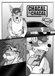  2017 anthro anthro_on_anthro backwards_baseball_cap baseball_cap canine car chacal_(character) clothed clothing comic duo facial_hair feline gabshiba greyscale hands_in_pockets hat jackal lion male male/male mammal money monochrome mustache open_mouth pants shirt sound_effects spanish_text sweat tank_top text vehicle whiskers 