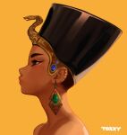  1girl ancient_egyptian ancient_egyptian_hat artist_name crown dark-skinned_female dark_skin from_side jewelry large_earrings orange_background original portrait profile scarab snake toxxy 