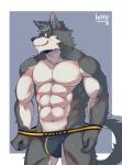  2018 abs anthro biceps black_nose canine clothed clothing digital_media_(artwork) fur grey_fur hi_res hittoga male mammal multicolored_fur muscular muscular_male pecs simple_background topless underwear wolf 