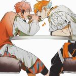  2boys akagi_wen akagi_wen_(1st_costume) black_pants blue_eyes chair commentary_request eating feet_out_of_frame food highres holding holding_food holding_sandwich jacket karghy leaning_forward long_sleeves male_focus multiple_boys musical_note nijisanji open_mouth orange_eyes orange_vest pants pink_hair sandwich sharing_food shirt short_sleeves simple_background table usami_rito usami_rito_(1st_costume) vest virtual_youtuber white_background white_jacket white_pants white_shirt yaoi 