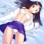 1girl bed_sheet blue_skirt bow bow_bra bra breasts brown_eyes brown_hair commentary_request highres long_hair long_sleeves looking_at_viewer navel object_on_head original panties pleated_skirt purple_bow shirt shirt_on_shoulders skirt sleeves_past_wrists small_breasts solo soon stomach strap_slip underwear white_bra white_panties white_shirt 