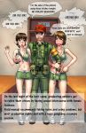  1boy 2girls blush breast_grab breasts brown_eyes brown_hair eyes_closed female_soldier fingering girl_sandwich gogocherry grabbing groping highres large_breasts multiple_girls no_bra open_mouth sandwiched sex_slave short_hair short_shorts shorts soldier translated uniform 