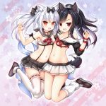  :d absurdres anchor_choker animal_ears arm_ribbon azur_lane bangs bare_shoulders black_bow black_choker black_hair black_sailor_collar black_shirt black_skirt bluebird_(bluebird90) blush bow bowtie breasts bright_pupils brown_footwear brown_hair cat_ears choker cleavage crop_top eyebrows_visible_through_hair fang frilled_skirt frills full_body grey_footwear hair_bow highres leg_warmers long_hair looking_at_viewer miniskirt multiple_girls navel open_mouth orange_eyes pleated_skirt red_bow red_eyes red_neckwear ribbon ribbon-trimmed_legwear ribbon_trim sailor_collar school_uniform serafuku shigure_(azur_lane) shirt shoes skirt sleeveless sleeveless_shirt sleeves_past_elbows small_breasts smile stomach suspender_skirt suspenders tail thighhighs thighs white_hair white_legwear white_pupils white_sailor_collar white_shirt white_skirt wolf_ears wolf_tail yukikaze_(azur_lane) 