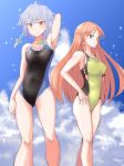  braid breasts cloud commentary_request competition_swimsuit day green_eyes hong_meiling izayoi_sakuya jack_(wkm74959) large_breasts long_hair multiple_girls one-piece_swimsuit pose red_eyes red_hair short_hair silver_hair sky standing swimsuit touhou water 