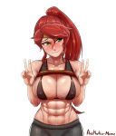  1girl abs absurdres aestheticc-meme bare_shoulders bikini_top blush breasts cleavage crop_top embarrassed erect_nipples green_eyes highres large_breasts looking_away midriff muscle muscular_female navel nervous nervous_smile ponytail pose pyrrha_nikos rwby shirt_lift shorts sling_bikini smile solo stomach toned v wavy_mouth 