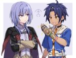  2boys blue_hair blue_hoodie cai_(fire_emblem) cape dark-skinned_male dark_skin fire_emblem fire_emblem:_fortune's_weave fire_emblem:_three_houses highres hood hood_down hoodie male_focus multiple_boys purple_cape purple_eyes purple_hair shinae two-tone_hoodie white_hoodie yellow_eyes yuri_leclerc yuri_leclerc_(timeskip) 