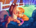  &lt;3 2018 applejack_(mlp) blonde_hair blue_eyes clothed clothing cowboy_hat cute cutie_mark detailed_background duo earth_pony equine eyebrows eyelashes eyes_closed face_lick female fence feral freckles friendship_is_magic fully_clothed grass hair hair_tie hat hi_res hooves horse human licking lying mammal megan_williams my_little_pony nude on_back on_top one_eye_closed open_mouth open_smile orange_hair outside plant pony shrub silly smile teeth thediscorded tongue tongue_out tree young 