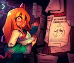  1girl absurdres alpharecdyt blonde_hair blue_jacket chainsaw_man cloud cloudy_sky crescent_moon cross-shaped_pupils demon_girl demon_horns english_commentary english_text hair_between_eyes highres horns jacket long_hair long_hair_between_eyes moon night pink_horns poster_(object) power_(chainsaw_man) shirt sky solo sweatdrop symbol-shaped_pupils this_man white_shirt wide-eyed yellow_eyes 