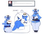  2018 anthro averyshadydolphin belt big_breasts blue_fur breasts cat chair clothed clothing crossed_legs eyewear feline female food fur guard huge_breasts hypnosis kitty_(averyshadydolphin) legwear looking_at_viewer mammal mind_control queen royalty sitting speech_bubble sunglasses text thick_thighs thigh_highs throne wide_hips 