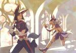  2girls :d animal_ear_request animal_ears arched_window belt black_gloves black_hair black_hoodie blonde_streaks bob_cut book brown_eyes chasing clenched_teeth cyno_(genshin_impact) dappled_sunlight ecler_ecler flying_paper full_body genshin_impact gloves grin hair_flowing_over hallway holding holding_book hood hoodie indoors looking_back multiple_girls paper running sandals shirt smile sunlight teeth tighnari_(genshin_impact) white_hair white_shirt window 