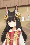  ? animal_ears azur_lane bangs bare_shoulders black_hair blunt_bangs blush brown_eyes closed_eyes detached_sleeves dress eyebrows_visible_through_hair fox_ears hair_ornament japanese_clothes long_hair long_sleeves looking_to_the_side nagato_(azur_lane) reach-around ro_(aahnn) solo wide_sleeves 