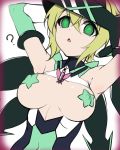  ? akatsuki_kirika armpits arms_up blonde_hair breasts breasts_apart breasts_outside covered_navel covered_nipples empty_eyes green_eyes headgear hypnosis kuro_mushi looking_at_viewer medium_breasts mind_control open_mouth pasties senki_zesshou_symphogear shiny shiny_skin short_hair simple_background solo spoken_question_mark symphogear_pendant upper_body white_background 