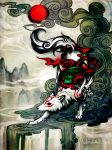  animal cloud looking_away no_humans ookami_(game) profile solo watermark web_address wenqing_yan white_wolf wolf 