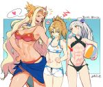  :&lt; :d ? abs anger_vein ball bare_shoulders beachball bikini black_bikini blonde_hair breasts circlet cleavage clenched_teeth closed_eyes closed_mouth commentary criss-cross_halter dated directional_arrow fate/grand_order fate_(series) green_eyes halterneck headband heart kodama_(wa-ka-me) large_breasts laughing long_hair looking_at_another medium_breasts mordred_(fate) mordred_(fate)_(all) multiple_girls muscle muscular_female navel open_mouth penthesilea_(fate/grand_order) ponytail quetzalcoatl_(fate/grand_order) red_bikini sarong shorts small_breasts smile spoken_anger_vein spoken_heart swimsuit teeth very_long_hair white_hair 