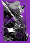  1girl absurdres armor ass chain cottontail_(vtuber) demon_girl demon_horns demon_tail earrings gamer_supps gauntlets greyscale_with_colored_background highres holding holding_sword holding_weapon horns indie_virtual_youtuber jewelry long_hair peesh_san pointy_ears ponytail purple_background purple_eyes solo spot_color sword tail twitter_username virtual_youtuber weapon 