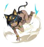  1girl @_@ all_fours ancient_egyptian ancient_egyptian_clothes animal_ears ankh bangle barefoot black_hair black_panties bracelet cat_ears cat_girl cat_tail commentary dark-skinned_female dark_skin floating full_body highres if_you_want_to_become_a_godly_artist_(trend) jewelry looking_at_viewer mole mole_on_arm morizo_(morizoshop) multiple_moles original panties short_hair simple_background smile smirk solo sweatdrop tail thighlet underwear usekh_collar v-shaped_eyebrows white_background yellow_eyes 