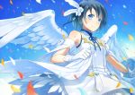  asahikawa_hiyori black_hair blue_eyes close clouds feathers gloves original short_hair sky waifu2x wings 