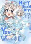  1girl birthday blue_background blue_eyes brown_hair character_name collarbone commentary dated detached_sleeves earrings english_text full_body happy_birthday highres jewelry koi_ni_naritai_aquarium looking_at_viewer love_live! love_live!_sunshine!! midriff shoes short_hair signature solo thighhighs tiara upper_body watanabe_you yanase_(rkrkym) 