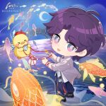  &gt;_&lt; 1boy 2023 bead_bracelet beads beret bird black_shoes blue_eyes blue_pants bracelet bridge chibi chibi_only copyright_name crescent_moon fish grey_jacket hat jacket jewelry love_and_deepspace male_focus midriff_peek moon neckerchief official_alternate_costume official_art open_mouth pants parted_bangs purple_hair rafayel_(love_and_deepspace) red_hat shirt shoes short_hair smile striped_neckerchief white_shirt 