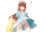  1girl arms_behind_back blue_dress blush bow bow_panties brown_eyes brown_hair commentary_request dress embarrassed flag flat_cap from_below groin hat hataraku_saibou highres long_hair looking_at_viewer open_mouth panties platelet_(hataraku_saibou) shirt short_sleeves simple_background solo standing tears underwear upskirt wavy_mouth white_background white_panties wind wind_lift xing 