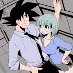  1girl :o against_wall alternate_costume belt black_eyes black_hair blue_eyes blue_hair blue_shirt breasts bulma dragon_ball dragon_ball_z eyebrows_visible_through_hair formal frown grey_shirt grey_skirt hand_in_pocket hand_on_hip height_difference indoors kanekiyo_miwa long_sleeves looking_at_another necktie necktie_grab neckwear_grab nervous nervous_smile open_mouth pants profile shirt short_hair skirt son_gokuu spiked_hair sweatdrop 