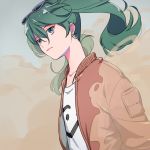  alternate_costume ama_mt blue_eyes bomber_jacket dust earrings eyewear_on_head green_hair hatsune_miku jacket jewelry long_hair looking_at_viewer solo suna_no_wakusei_(vocaloid) twintails upper_body vocaloid 