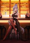  bar bar_stool bare_shoulders black_dress blurry blurry_background bottle breasts choker cleavage closed_mouth collarbone cup dress drinking_glass eyebrows_visible_through_hair garter_straps hair_ornament hairclip high_heels highres indoors kengzeta large_breasts long_hair looking_at_viewer original red_eyes silver_hair sitting smile solo stool thighhighs very_long_hair wine_bottle wine_glass 