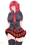  1girl aged_up alternative_bust_size arms_behind_back artist_name bat_hair_ornament black_legwear black_shirt black_thighhighs blush breasts collared_shirt female gabriel_dropout grown_up hair_ornament hair_rings high_resolution kurumizawa_satanichia_mcdowell large_breasts looking_at_viewer milf necktie older picantium plaid plaid_skirt pleated_skirt purple_eyes red_hair red_necktie red_neckwear s&oacute;lo shirt short_sleeves simple_background skirt standing thick_thighs thighhighs thighs very_high_resolution white_background zettai_ryouiki 