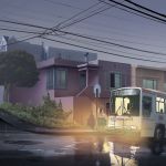  black_hair bus bus_stop bush cloud cloudy_sky commentary_request ground_vehicle highres house long_sleeves motor_vehicle original portcat_(deronenene) power_lines red_scarf road scarf scenery shoes sky standing tree 