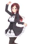  black_legwear black_ribbon blush breasts brown_hair dorothy_(princess_principal) from_side highres large_breasts long_hair long_sleeves looking_at_viewer neck_ribbon pantyhose princess_principal puckered_lips ribbon school_uniform simple_background sk02 skirt skirt_lift solo standing white_background 