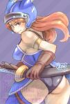  1girl armlet armor ass blue_armor blue_thighhighs brown_eyes brown_gloves brown_hair closed_mouth daisy_(dq) dated dragon_quest dragon_quest_yuusha_abel_densetsu fake_horns gloves helmet horned_helmet horns jewelry long_hair looking_at_viewer rekka_uran smile solo sword thighhighs watermark weapon 
