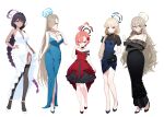  5girls absurdres ahoge akane_(blue_archive) alcohol alternate_costume alternate_hairstyle arm_at_side arm_under_breasts asuna_(blue_archive) bare_shoulders black-framed_eyewear black_choker black_dress black_gloves black_hair black_halo black_nails black_shoes black_thighhighs blonde_hair blue_archive blue_bow blue_dress blue_eyes blue_flower blue_hair blue_halo blue_rose blue_shoes blush bow braid braided_ponytail breasts brooch brown_eyes brown_hair brown_halo champagne choker cleaning_&amp;_clearing_(blue_archive) cleavage clenched_hand clenched_hands closed_mouth collarbone covered_navel cup dark-skinned_female dark_skin double-parted_bangs dress dress_bow dress_flower earrings elbow_gloves english_commentary evening_gown eyelashes eyes_visible_through_hair flower formal_clothes frilled_dress frills frown full_body garter_straps glasses gloves gradient_hair grin hair_behind_ear hair_between_eyes hair_bun hair_flower hair_intakes hair_ornament hair_over_one_eye hair_over_shoulder half_updo halo hand_in_own_hair hand_on_own_hip hand_up high_heels highres holding holding_cup huge_ahoge jewelry karin_(blue_archive) large_breasts long_bangs long_dress long_hair looking_at_viewer low_ponytail medium_dress millennium_science_school_logo mixed-language_commentary mole mole_on_breast mole_under_each_eye mole_under_eye multicolored_hair multiple_girls multiple_moles nail_polish necklace neru_(blue_archive) no_socks off-shoulder_dress off_shoulder one_eye_covered orange_hair parted_lips plunging_neckline ponytail purple_hair purple_halo pyytato red_dress red_eyes red_flower red_rose red_shoes rose shoes short_dress short_eyebrows short_hair sidelocks simple_background single_hair_bun sleeveless sleeveless_dress slit_pupils smile spaghetti_strap split_mouth standing straight_hair streaked_hair thighhighs thighs toki_(blue_archive) tsurime two-tone_dress two-tone_hair v-shaped_eyebrows very_long_hair white_background white_dress white_shoes yellow_eyes 