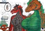 2025 animal_humanoid aroused aroused_face bicolor big_breasts black_body black_scales breasts chicken_soup_(artist) colored digital_media_(artwork) dragon earth eastern_dragon elemental_creature elemental_dragon english_text european_mythology fan_character female female/female group happy hi_res horn horned_humanoid human humanoid julya_(chicken_soup) lava magma_dragon mammal mammal_humanoid margaret_(chicken_soup) margaret_(oc) meme meme_pose multicolored_body mythological_creature mythological_scalie mythology partially_translated planet scales scalie sharp_teeth shocked size_difference smile teeth teeth_showing text traditional_media_(artwork) translation_check translation_request two_tone_body watermark western_dragon