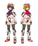  2girls black_hair black_thighhighs blonde_hair breasts commentary crop_top f91_gundam green_eyes gundam gundam_f91 headgear humanization medium_breasts multiple_girls navel sideboob symbol-only_commentary thighhighs watanore yellow_eyes 