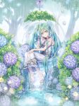  absurdly_long_hair barefoot bow dress flower green_eyes green_hair grey_bow hair_between_eyes hair_bow hair_ornament hand_in_hair hatsune_miku hydrangea long_dress long_hair looking_at_viewer outdoors rain roang sitting sleeveless sleeveless_dress smile solo sundress tree twintails very_long_hair vocaloid white_dress 