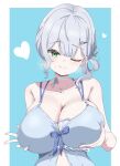  1girl ;) absurdres babydoll bare_arms blue_babydoll blue_background blue_choker breasts cafelittle center-flap_bangs choker cleavage closed_mouth double-parted_bangs green_eyes grey_hair hair_ornament hair_rings hairclip heart heart_necklace highres holding_own_breasts hololive jewelry large_breasts looking_at_viewer medium_hair necklace official_alternate_costume official_alternate_hairstyle one_eye_closed shirogane_noel shirogane_noel_(9th_costume) simple_background single_hair_ring smile solo upper_body virtual_youtuber 