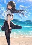  :d arm_behind_back ashihara_nayumi bangs beach black_hair black_legwear black_sailor_collar black_skirt blue_sky blush bottle brown_eyes cloud cloudy_sky commentary_request day dutch_angle eyebrows_visible_through_hair fine_fabric_emphasis floating_hair gurande_(g-size) highres horizon long_hair looking_at_viewer looking_to_the_side ocean open_mouth original outdoors pantyhose pleated_skirt sailor_collar sand school_uniform serafuku shirt short_sleeves skirt sky smile solo standing very_long_hair water_bottle white_shirt 