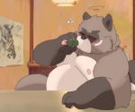  2018 anthro belly blush brown_fur canine eyes_closed eyewear fur glasses male mammal moobs nipples overweight overweight_male solo tanuki 