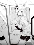  1girl animal_ears bed bedroom commentary cowboy_shot dolphin_shorts from_side fujimasa_march_(umamusume) greyscale highres horse_ears horse_girl indoors kakuteru_sudachi leaning_forward long_hair looking_at_viewer loungewear mirror monochrome open_mouth reflection shirt short_sleeves shorts smile solo standing t-shirt umamusume umamusume:_cinderella_gray umapyoi_densetsu 