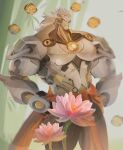  1boy absurdres bamboo banyue_(zenless_zone_zero) clothes_around_waist english_commentary flower grey_hair hands_on_own_hips highres long_hair male_focus muscular muscular_male orb robot_boy water_lily_flower yuhei_ubigoreng zenless_zone_zero 