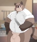  2018 anthro balls belly big_balls brown_fur canine clothing eyewear fur glasses knife male mammal overweight overweight_male penis shirt solo tanuki 