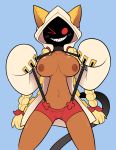  2018 animal_humanoid big_breasts blazblue blonde_hair blush breasts clothed clothing digital_media_(artwork) feline feline_humanoid female hair hoodie humanoid long_hair looking_at_viewer mammal miscon navel nipples one_eye_closed pose presenting presenting_breasts sharp_teeth shorts smile solo standing suspenders taokaka teeth topless video_games wink 